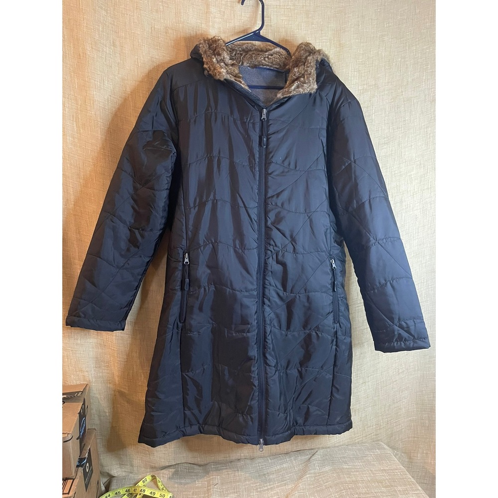 Dutch Harbor Gear Y2K Puffer‎ Coat Faux Fur Trim Lined Black Womens Size L
